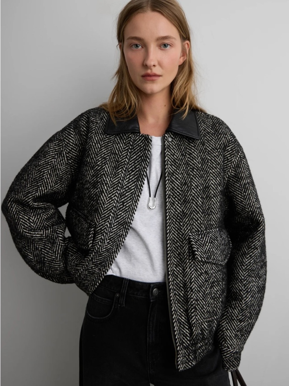 OAK + FORT Black & White Herringbone Bomber Jacket